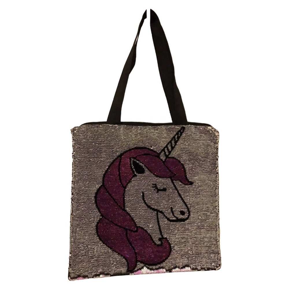 Pink Green Iridescent Unicorn Magic Sequin Tote Bag 14 1/2 x 15" Black Back - Picture 2 of 6